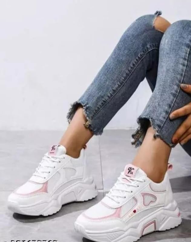 Image of Women Chunky Sneakers Lightweight Lace-Up Casual Sports Shoes Breathable Mesh Running Walking Shoes (Pink) - NID24223