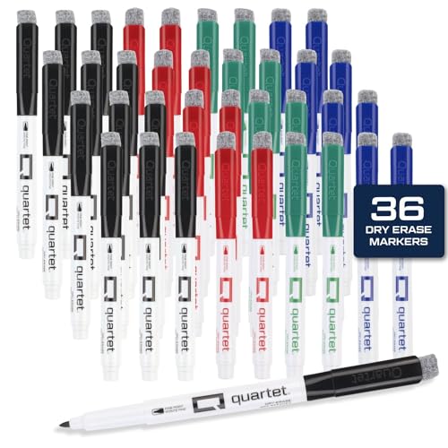 Quartet Dry Erase Markers, Fine Tip White Board Dry Erase Markers with DryGuard Ink Protection, Office Essentials, Black, Red, Blue, Green, 36 Pack (Q120Z03-R)