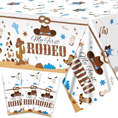 Image of gisgfim 3 Pcs My First Rodeo Birthday Party Supplies Western 1st Rodeo Party Tablecloths Blue Cowboy Table Cover Decorations for Boy Baby Shower