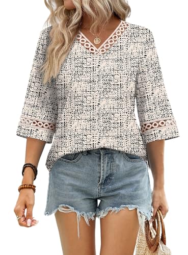 Image of WIHOLL Womens Tops Eyelet Lace V Neck 3 /4 Bell Sleeve Blouses Dressy Casual Work Shirt 2026 Summer Fall Fashion Clothing