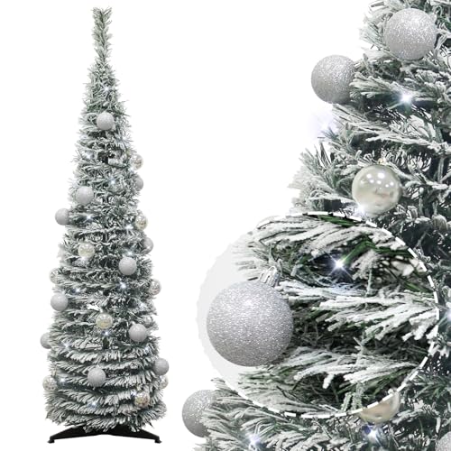 4FT Pop up Christmas Tree for Indoor Decoration Pre-lit Mini Christmas Tree with 60 Lights, Green Artificial Pencil Tree Collapsible Tinsel Pop up Snowy with Christmas Ball