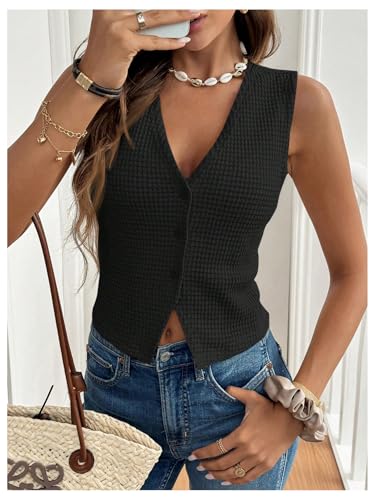 Image of GORGLITTER Women's Sleeveless Knit Sweater Vest Top Dressy Trendy Business Casual Button Up Work Blazer Vests Waistcoat Black Small