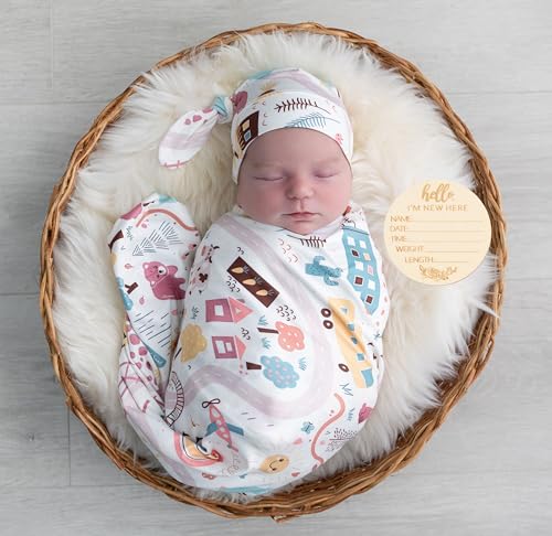 Image of Newborn Swaddle Sets with Headband Beanie and a Name Card Baby Snug Wrap Receiving Blanket for Baby Boys Girls (White)