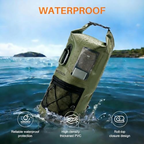 Image of Waterproof Dry Bag 500D PVC Roll Top Dry Sack with 3 Carrying Ways, Lightweight Waterproof Bag for Kayaking, Swimming, Boating, Paddle Boarding, Hiking, Beach (Army Green, 27L)