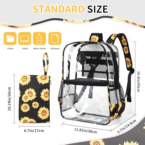 Image of MUSEVOS Clear Backpack for School, Heavy Duty PVC Transparent Bookbag for Girls Stadium Approved See Through Backpack, Sunflowers