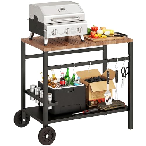 Outsunny Küchenwagen mit Rollen Servierwagen Rollwagen mit Haken Getränkehalter Küchenhilfe BBQ Grilltisch aus Metall Küchentrolley 97 x 51 x 83 cm Schwarz+Braun