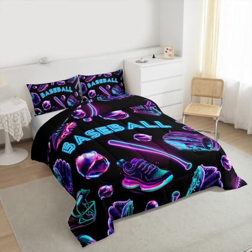 Image of Feelyou Baseball Theme Bedding Set Soft for Boys Girls, Blue Purple Comforter Set Toddler Size Baseball Bat Gloves Duvet Quilt Microfiber Games Shoes Bedroom Decor 2 Pcs with 1 Pillow Cases