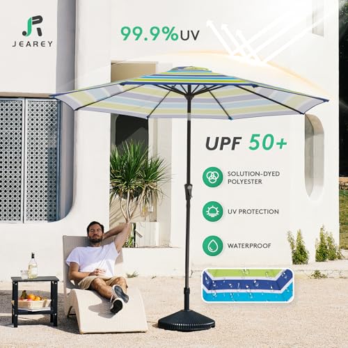 Image of JEAREY 9FT Outdoor Patio Umbrella Outdoor Table Umbrella with Push Button Tilt and Crank, Market Umbrella 8 Sturdy Ribs UV Protection Waterproof for Garden, Deck, Backyard, Pool (Blue-Green Stripe)