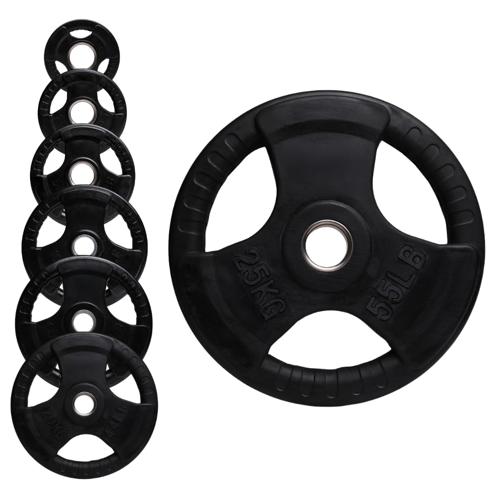 Olympic Weight Plate Tri Grip Disc Rubber Coated Cast Iron Weights Plate Set Solid Lifting Plates 3 Handles Portable Vinyl for Deadlift Barbell Dumbbell Bars Strength Training Home Gym Fitness Workout โ image 1