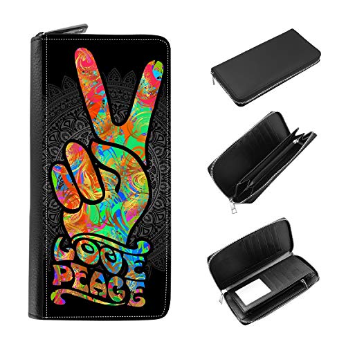 Women's Zip Around Wallet and Phone Clutch - RFID Blocking with Card Holder Organizer - Hippie Peace Sign