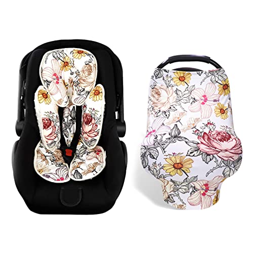 Image of Floral Car Seat Insert,Cushion for Stroller, Swing, Bouncer, 2-in-1 Reversible,Baby Car Seat Cover Girls, Infant Carseat Canopy