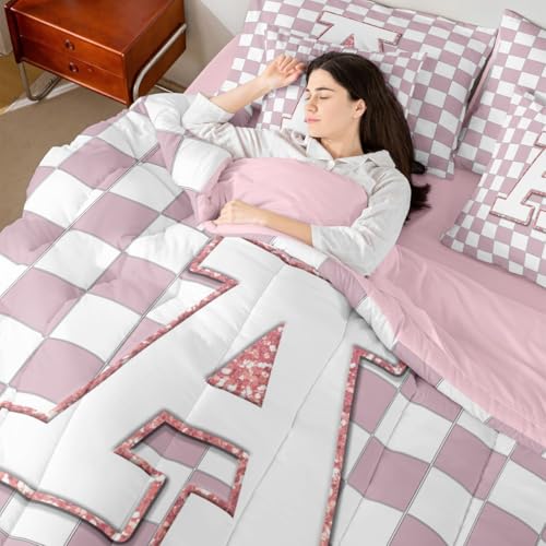 Image of Erosebridal Pink Initial A King Bedding Set 7 Piece Kawaii Plaid Checkered Bed in A Bag with Sheets Cute Personalized Monogram Comforter Set for Kids Girls Teen Women,Fashion Grids Gingham Bed Sets