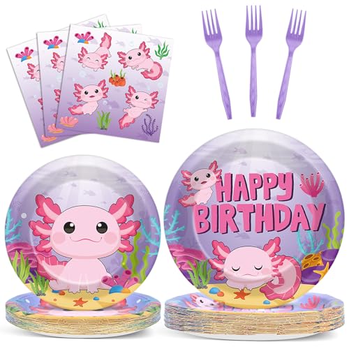 Image of 100 Pcs Axolotl Birthday Party Supplies Pink Axolotl Disposable Paper Plates Forks Tableware Sets Cute Cartoon Reptile Animals Happy Birthday Decorations for Kids Girls Baby Shower Serve 25 Guests