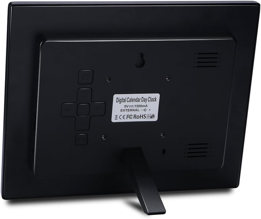 หลัง view of the SENXINGYAN 8-inch LCD Digital Calendar Day Clock, showing the power input, control buttons, and stand.