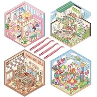 4 Sets DIY 3D House Stickers, 3D Sticker Scene DIY Fun Miniature Scene Stickers with Tweezers Cute Cartoon Scene Sticker Make Your Own Adorable Panda Teahouse Supermarket for Relaxing Pass Time