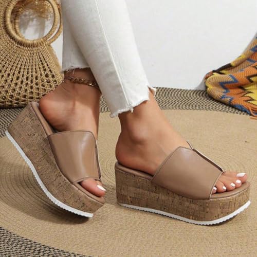 Cork Wedges & Platform Slides, Women's Thick Sole Comfy Leather Wedge Orthopedic Sandals2