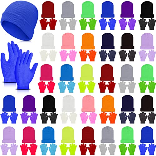 Image of Handepo 60Pcs Kids Winter Beanie and Gloves Bulk Knit Hats Gloves Warm Unisex Cold Weather Winter Gifts for Boy Girl Homeless