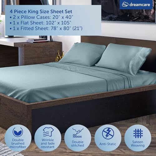 Image of DREAMCARE King Size Sheets Set - 4 pcs Breathable Cooling Sheets - up to 21 inch Extra Deep Pocket King Sheet Set with Side Pockets Extra Soft 100% Brushed Hypoallergenic Hotel Luxury Bedding Mineral Blue