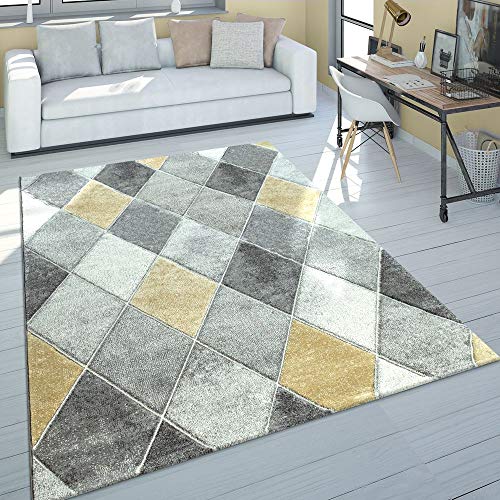 Alfombra Salón Gris Amarillo Tonos Pastel Diseño Rombos Motivo 3D Pe