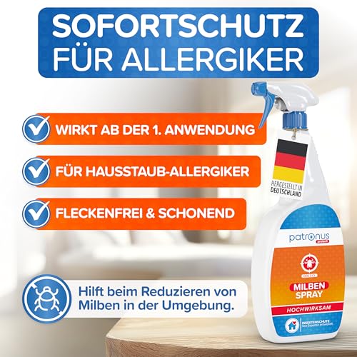 Patronus Milbenspray für Matratzen und Polster 1000 ml - speziell für Hausstaub-Allergiker - Milben-Spray mit Sofortschutz zur Abwehr gegen Hausstaubmilben, mit dezentem Eukalyptus-Zitrusduft