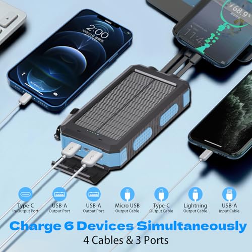 Image of Power Bank Solar Charger 20,000mAh, Portable Phone Charger, 4 Cables Outdoor Waterproof External Backup Power Charger with USB-C for Cell Phones, Solar Battery Pack with Dual Flashlight for Camping