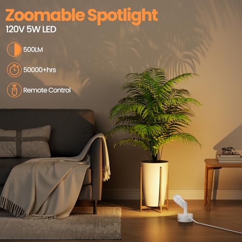 Image of Zoomable LED Spot Lights Indoor Uplighting with Remote & Timer, 5W Up Lights Indoor Dimmable Plant Spotlight Uplights Accent Lighting, Floor Spotlight Lamp with 5.9FT Plug Cord - White 1 Pack
