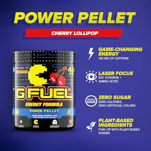 G Fuel Pac-Man Energy Drink Powder, Pre Workout Caffeine Mix for Gaming, Sugar Free Focus Amino, Vitamin + Antioxidants, 9.8oz (Cherry Lollipop, 40 Servings)