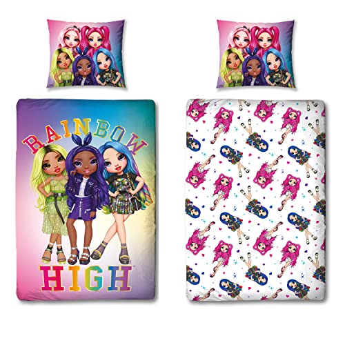 Familando Parure de lit pour enfant 135 x 200 cm 80 x 80 cm (2 pièces) – Motif Rainbow High Multi avec Bella Stella Karma Krystal Amaya – 100 % coton avec fermeture éclair