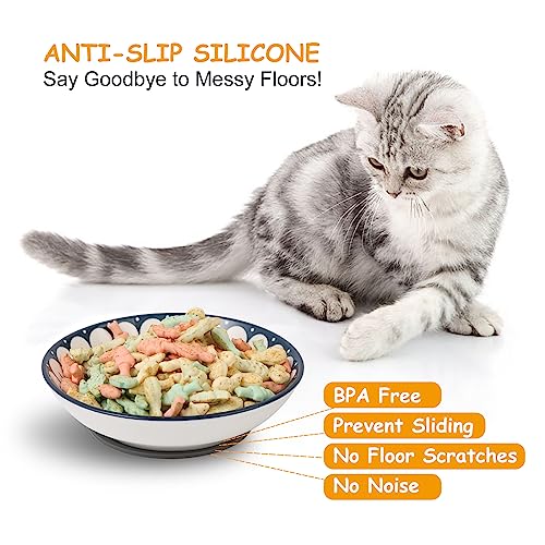Small Ceramic Cat Food Bowl - Wide Shallow Cat Bowl with Non-Slip Mat - Whisker Friendly Cat Feeding Bowls - Japanese Style Cute Cat Dish - Cat Plates - Dishwasher Safe - Set of 6-8.5 oz - 5.75 inch