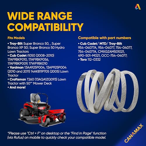 Image of Canamax 954-04077A Deck Belt - Fits 50 inch Deck Cub Cadet LT1050 XT1 LT50 Troy Bilt MTD Toro 112-0332 GT2100 GT2200 Lawn Mower - 954-04077 754-04077 754-04077A | Aramid Cord | 5 /8 inch x 134 inch