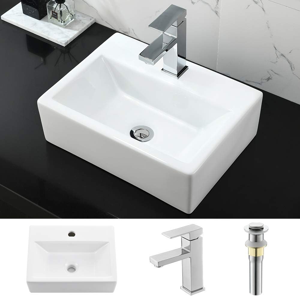 Super Brands Rectangle Bathroom Sink and Faucet Combo-WMXQX 16”x12” Above Counter Bathroom Sink White Porcelain Ceramic Vessel Vanity Sink Basin Washing Bowl Set, Faucet Matching Pop Up Drain Combo