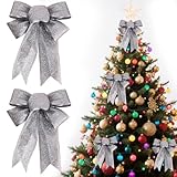 Christmas Tree Bows 2 Pack - Silver Glitter Ribbon Bows for Xmas Tree Decorations, Xmas Ornaments for Wreaths, Front Door, Gift Wrapping | Holiday Party & Home Decor