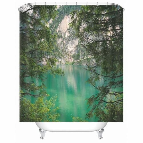 Rideau de douche textile vert motif arbres lac en polyester imperméable - 2