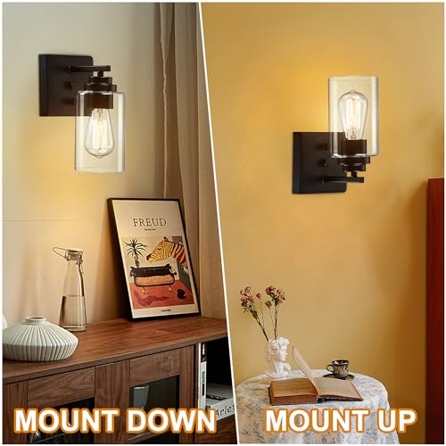 Image of Pia Ricco Wall Sconces Set of Two, Bedside Wall Lamps with Rotary Switch for Bedroom, Modern Bathroom Light Fixtures with Clear Glass Shade, Black Sconces Wall Lights for Living Room, Hallway, Kitchen