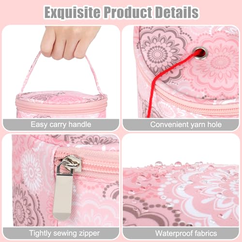 Image of Katech Mini Yarn Storage Bags, Portable Yarn Bag for Crocheting with Holes Organizer Crochet Thread Sewing Accessories Storage Tote Bag for Carry Crochet Hooks Skein Yarn (Pink Floral)