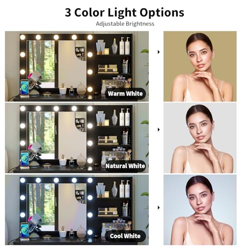 Image of VOWNER 47 inch Vanity with Outlet - Makeup Vanity Desk with Mirror, Storage Shelves and 6 Drawers, 3-Color Light, Makeup Desk Set with Stool for Bedroom, Black