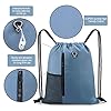 BeeGreen Blue Drawstrings Backpack Gym Sack For Men With Water Bottle Pocket &Front Zippered Pocket Large Sting Bags For WomenTraveling Yoga Beach Outdoor Gym