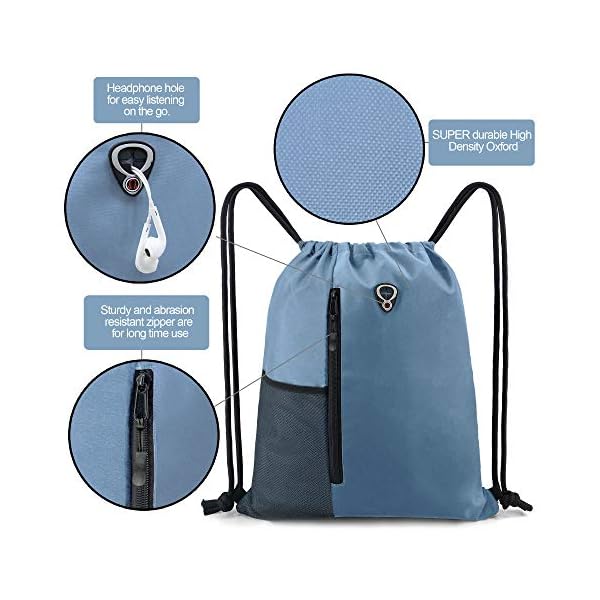 BeeGreen Blue Drawstrings Backpack Gym Sack For Men With Water Bottle Pocket &Front Zippered Pocket Large Sting Bags For WomenTraveling Yoga Beach Outdoor Gym
