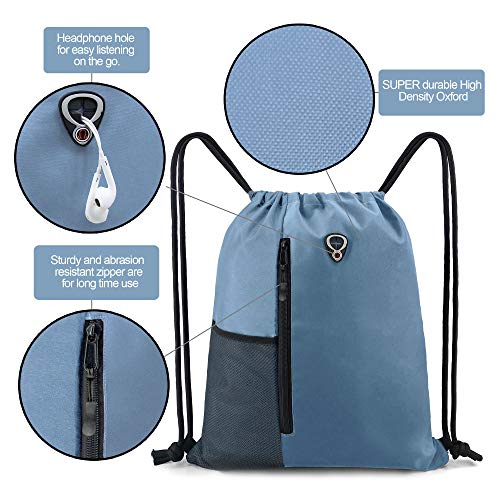 Image of BeeGreen Blue Drawstrings Backpack Gym Sack For Men With Water Bottle Pocket &Front Zippered Pocket Large Sting Bags For WomenTraveling Yoga Beach Outdoor Gym
