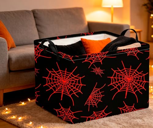 Image of CLOCOR Rectangular Storage Basket Empty,Gift Basket,Waterproof Storage Bin with Handles,Room Decor(Red Spiderweb)
