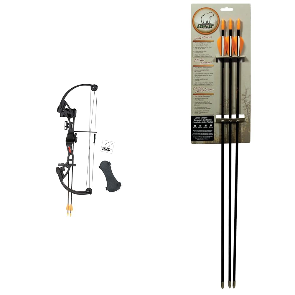 Bear Archery Brave Bow Set for Youth, Right Hand, Black, 26 inch & Unisex Adult 26" New 2020 Factory Fletched, Silver, 24-Inch US