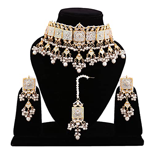 Finekraft Kundan Party Wear Designer Kundan Choker Ketting Sieraden Oorbellen Tikka Set - Image 3