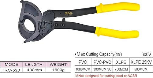 Miniatura 2 de TLA Teleantool TRC-520 - Cortador de cables de trinquete y cortador de cable de trinquete de cobre de aluminio resistente para cortar cables