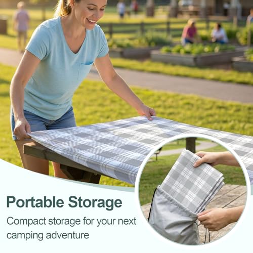 Picnic Table Cover with Bench Covers Camping Essentials Waterproof Windproof Camping Tablecloth with Drawstring Bag, Fitted Rectangle Tables and Seats, 72in, Grey Checkered by Play Tailor - Used condition - Image 6