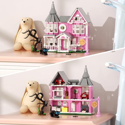Image of Pink Palace House Building Set, Halloween Mansion Model Toys Kit, Haunted House Building Blocks, Compatible with Lego, Horror Architecture for Kids Adults, Christmas or Holiday (566PCS)