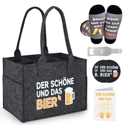 Alishomtll Geschenke Flaschentasche für Männer, Filz Männerhandtasche Bier 6 Flaschen, Bierfest Vatertag Geburtstag Herrenhandtasche mit Flaschenöffner, Socken, 2PCS Filzuntersetzer, Grau