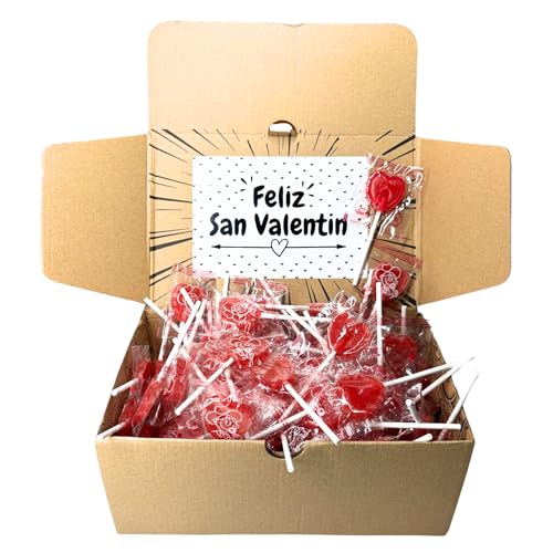 Caja San Valentin con 100 Piruletas Corazón Sabor Cereza/Caramelo Duro con Palo SIN GLUTEN