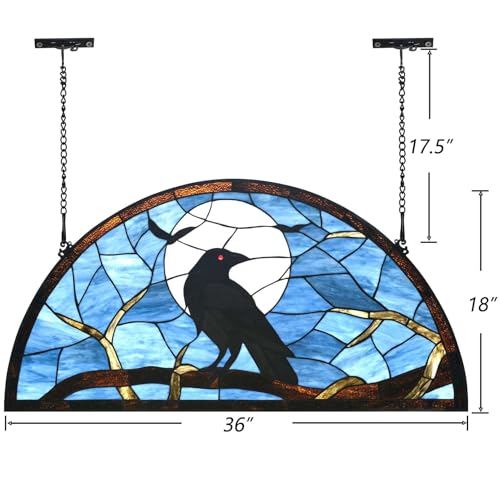 image for Bieye W10098 Tiffany Style Stained Glass Window Panel with Raven Sitti