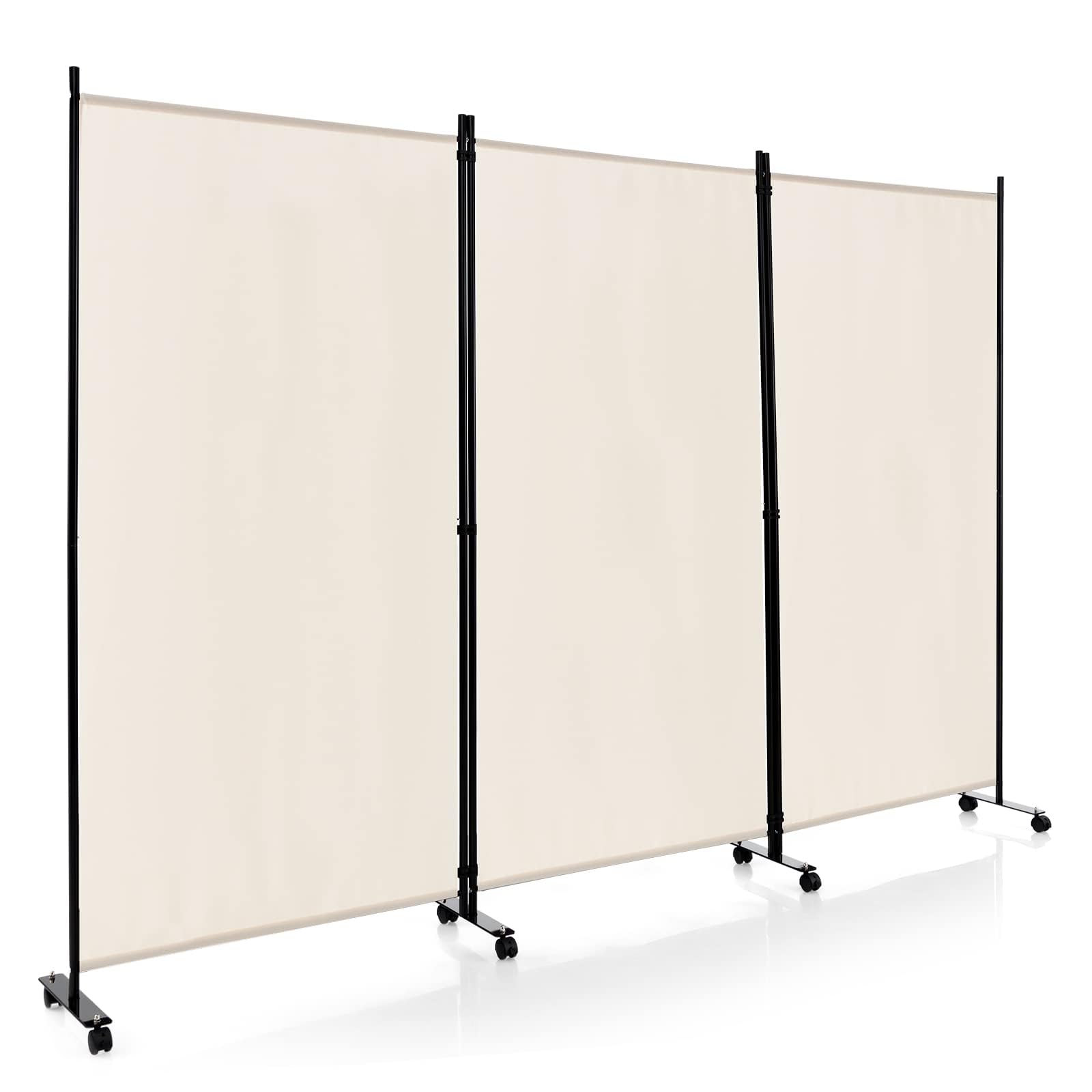 GYMAX Paravento con Ruote, da Interno Esterno, in Metallo, Piedini Stabili, Separé Divisorio, per Soggiorno, Camera da Letto, Ufficio (3 Pannelli, Beige)