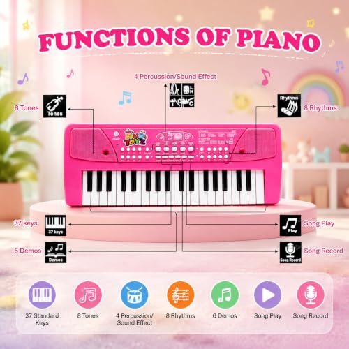 Image of Kids Piano Keyboard with Mic | 37 Keys, 8 Rhythms, 8 Tones & 6 Demo Songs | Electronic Musical Toy for Boys & Girls Age 2-5 | Educational & Recording Keyboard for Beginners - Pink
